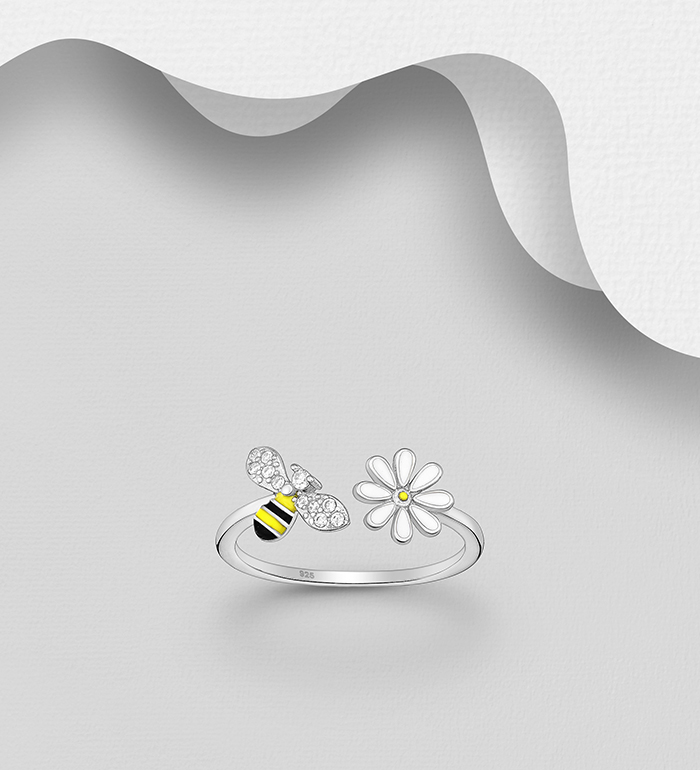 Wholesale 925 Sterling Silver Bee and Flower Ring, Decorated with CZ Simulated Diamonds and Colored Enamel - SKU #701-33731