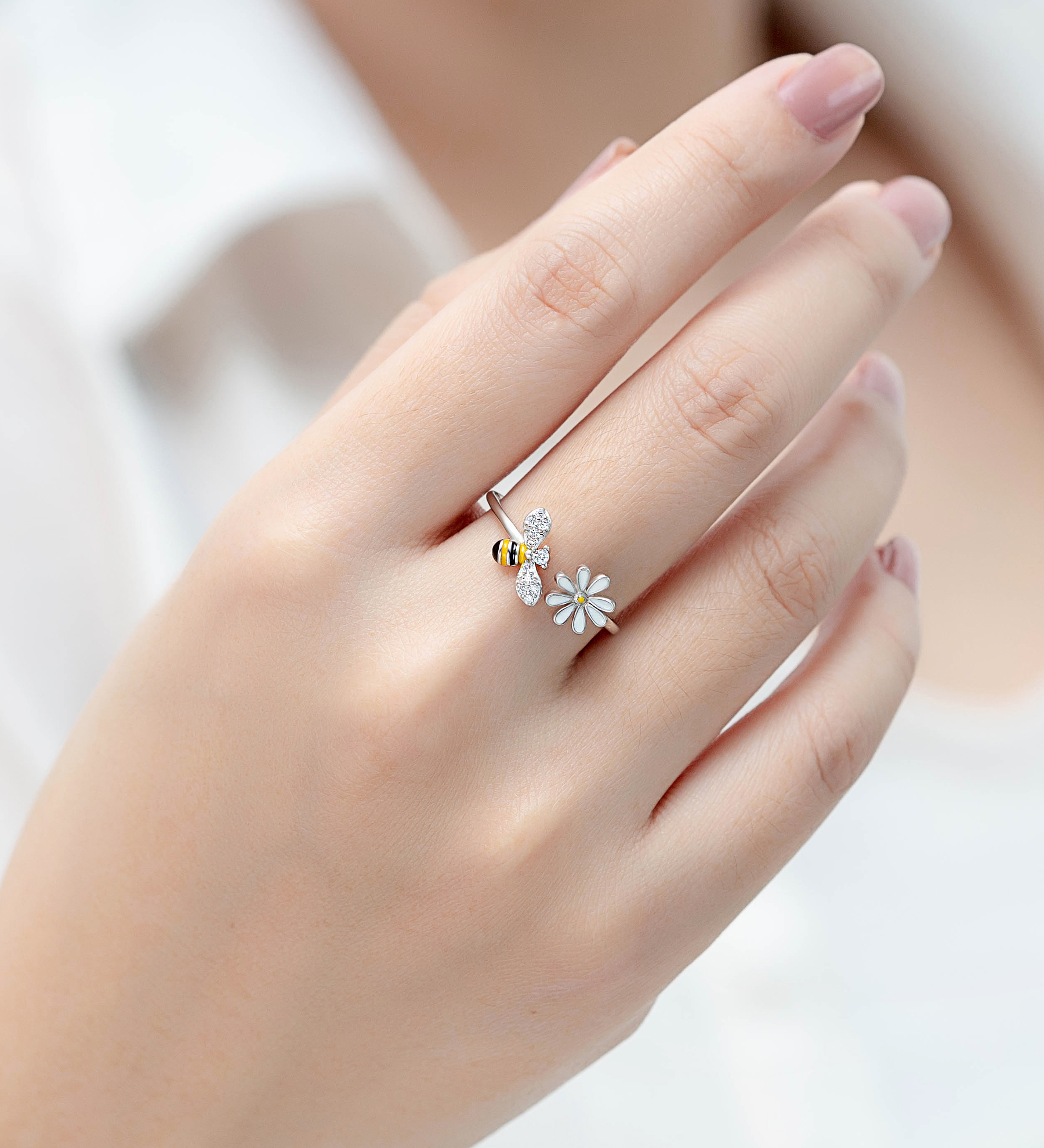 Wholesale 925 Sterling Silver Bee and Flower Ring, Decorated with CZ Simulated Diamonds and Colored Enamel - SKU #701-33731