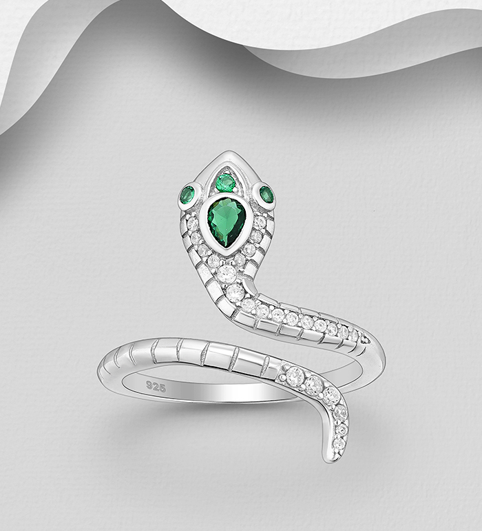 Wholesale 925 Sterling Silver Snake Adjustable Ring, Decorated with CZ Simulated Diamonds - SKU #701-33736