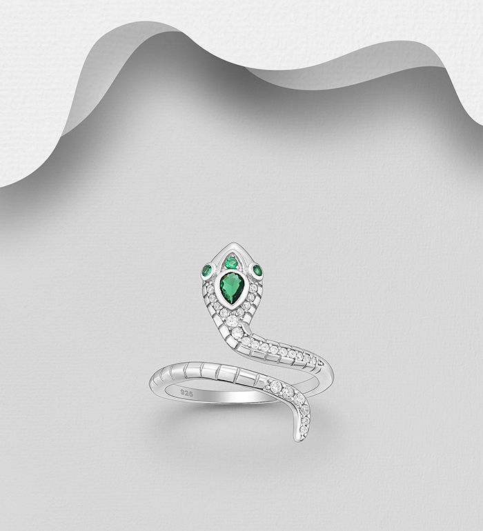 Wholesale 925 Sterling Silver Snake Adjustable Ring, Decorated with CZ Simulated Diamonds - SKU #701-33736