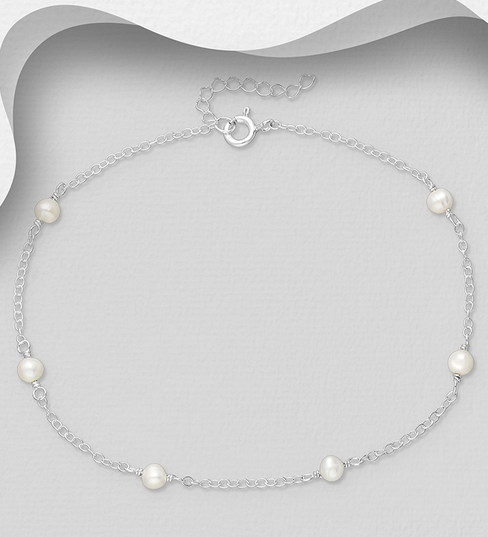 Wholesale 925 Sterling Silver Anklet, Beaded with Freshwater Pearls - SKU #1562-562