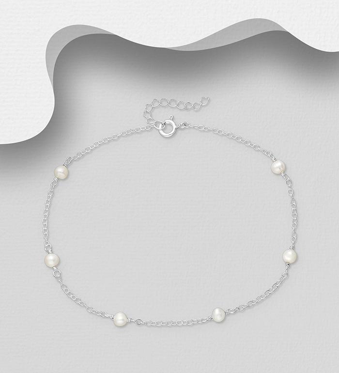 Wholesale 925 Sterling Silver Anklet, Beaded with Freshwater Pearls - SKU #1562-562