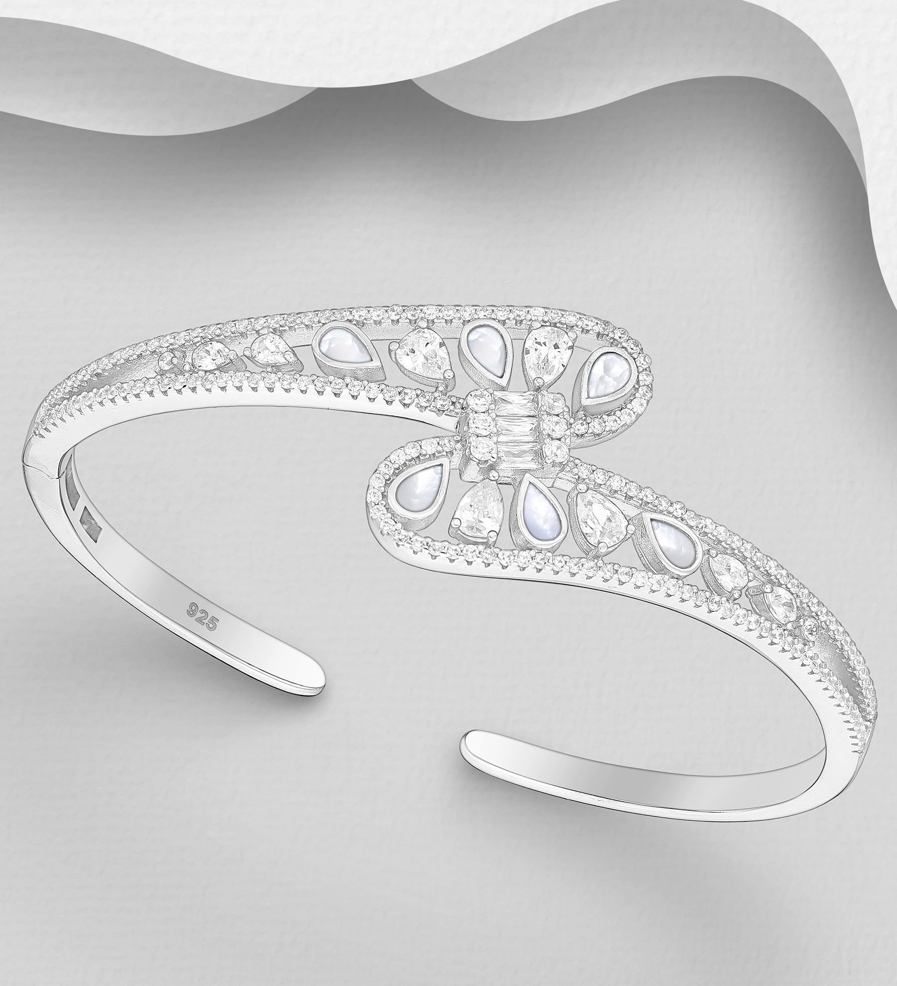 Wholesale 925 Sterling Silver Cuff, Decorated with Shell and CZ Simulated Diamonds - SKU #789-4961