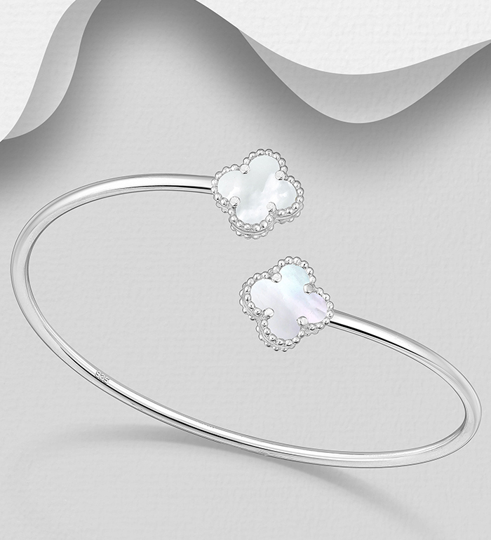 Wholesale 925 Sterling Silver Clover Cuff, Decorated with Shell - SKU #789-4963