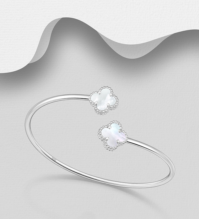 Wholesale 925 Sterling Silver Clover Cuff, Decorated with Shell - SKU #789-4963