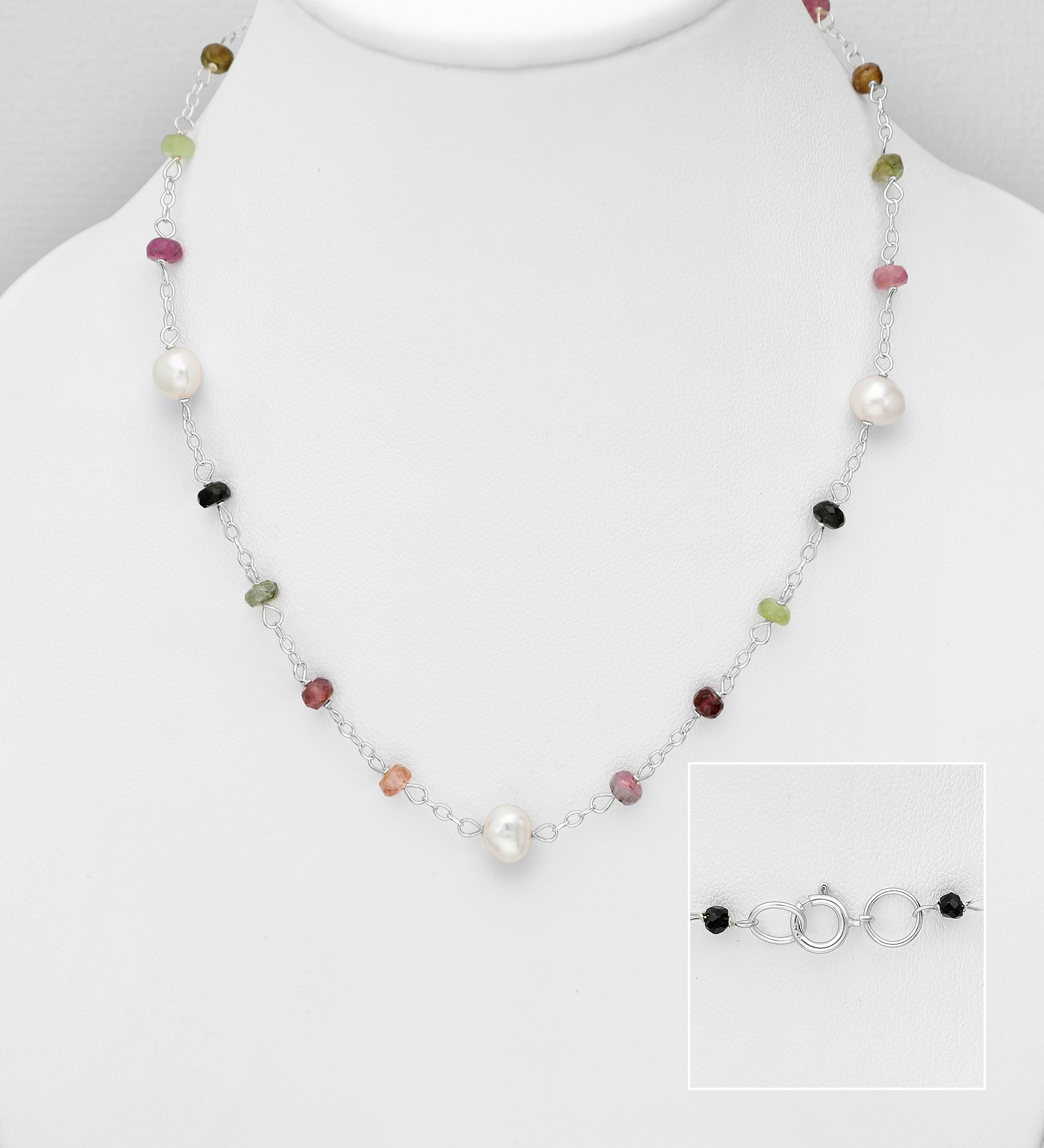 Wholesale 925 Sterling Silver Necklace, Beaded with Freshwater Pearls and Tourmaline - SKU #883-10130