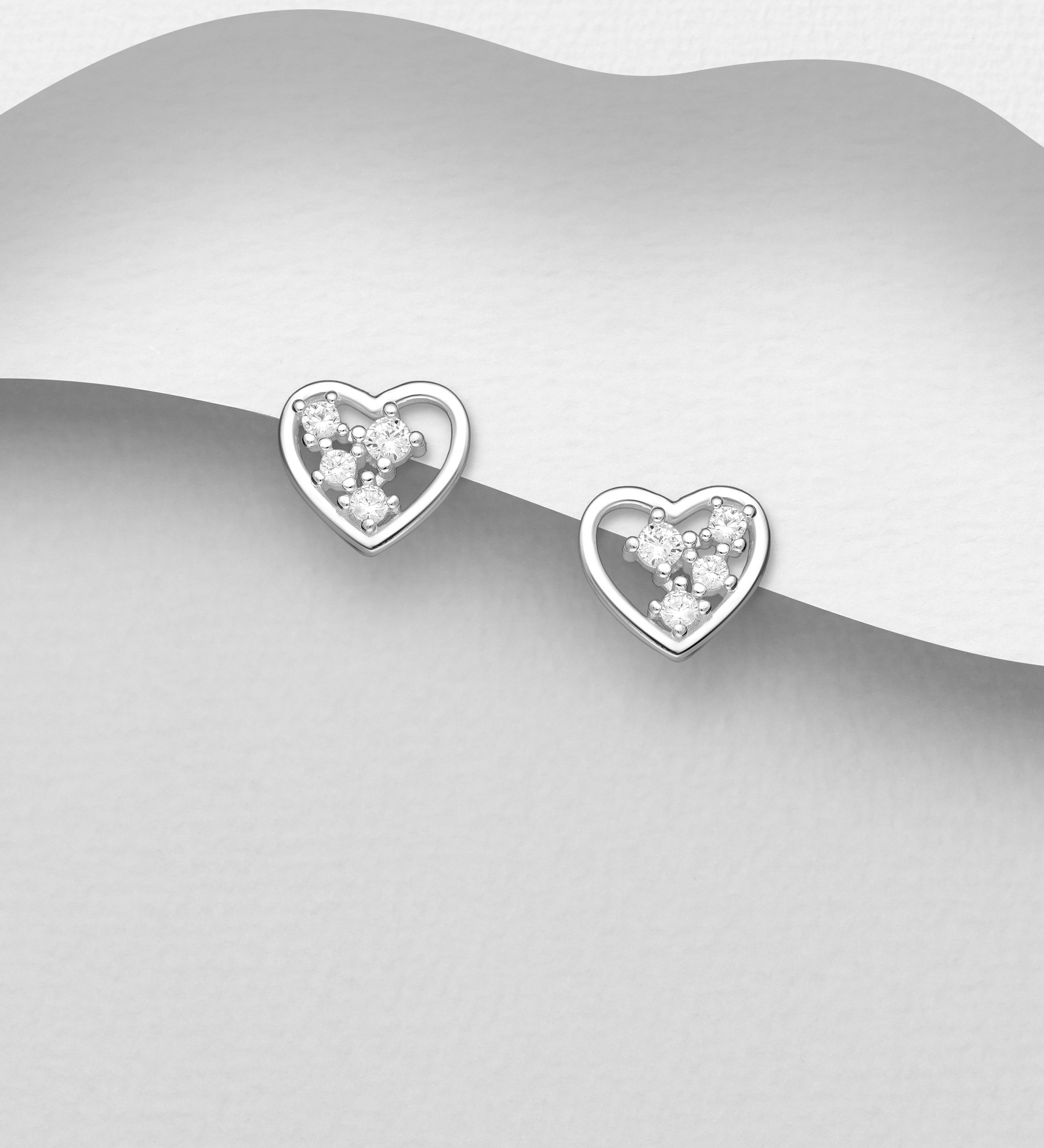 Wholesale 925 Sterling Silver Heart Push-Back Earrings, Decorated with CZ Simulated Diamonds - SKU #701-33753