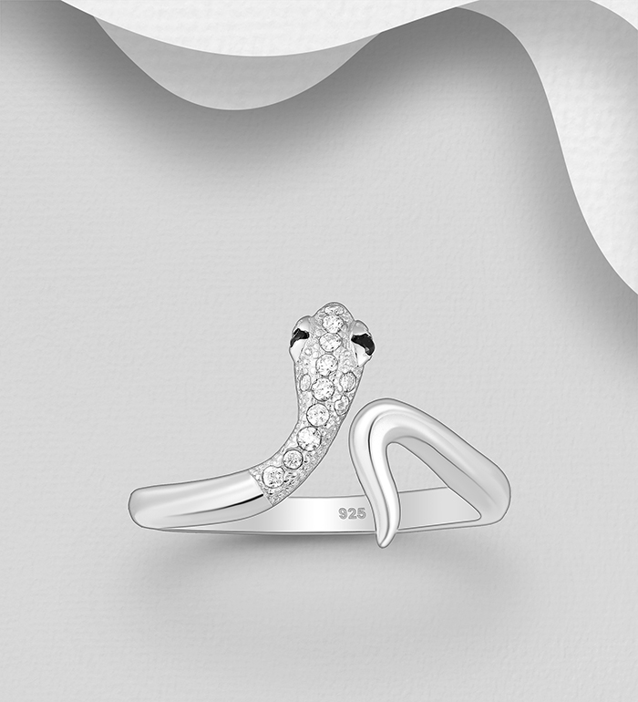 Wholesale 925 Sterling Silver Snake Adjustable Ring, Decorated with CZ Simulated Diamonds - SKU #701-33754
