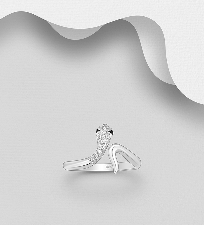 Wholesale 925 Sterling Silver Snake Adjustable Ring, Decorated with CZ Simulated Diamonds - SKU #701-33754