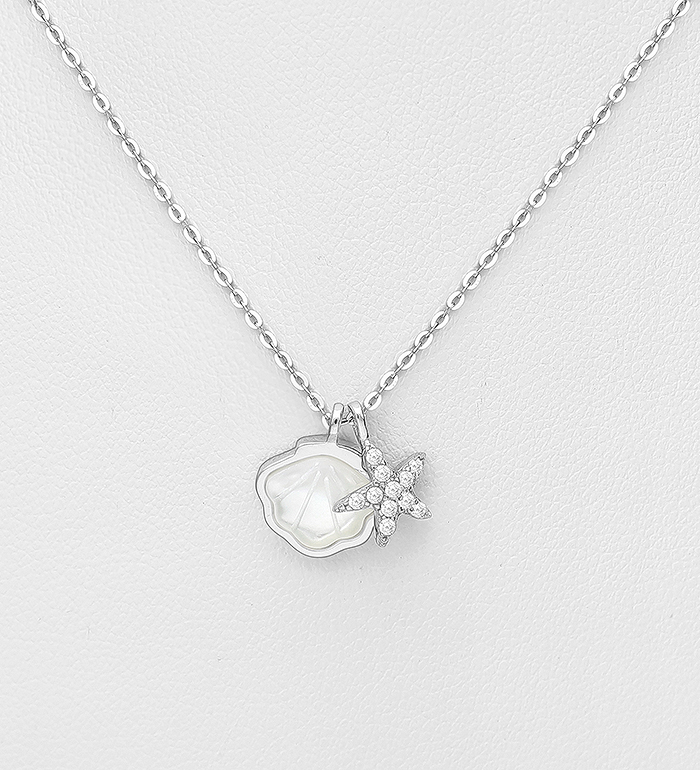 Wholesale 925 Sterling Silver Shell and Starfish Necklace, Decorated with Shell and CZ Simulated CZ Simulated Diamonds - SKU #789-4969