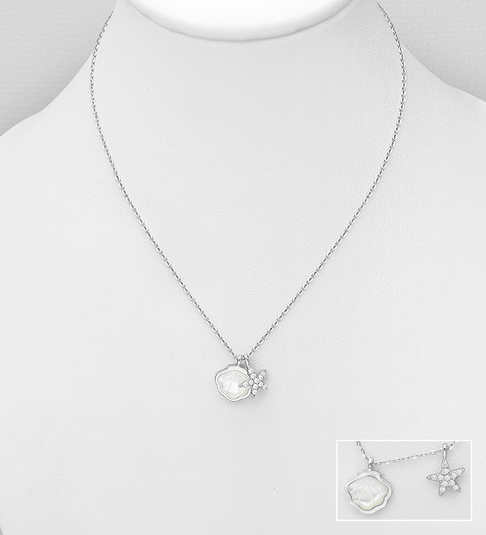 Wholesale 925 Sterling Silver Shell and Starfish Necklace, Decorated with Shell and CZ Simulated CZ Simulated Diamonds - SKU #789-4969