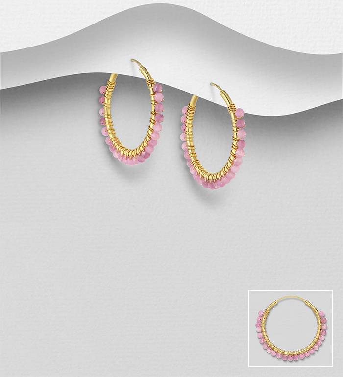 Wholesale 925 Sterling Silver Hoop Earrings, Beaded with Various Gemstone Beads and Plated with 0.3 Micron 18K Yellow Gold - SKU #1535-1612