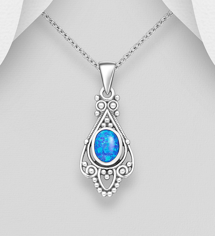 Wholesale 925 Sterling Silver Oxidized Pendant, Decorated with Lab-Created Opal - SKU #1479-1632