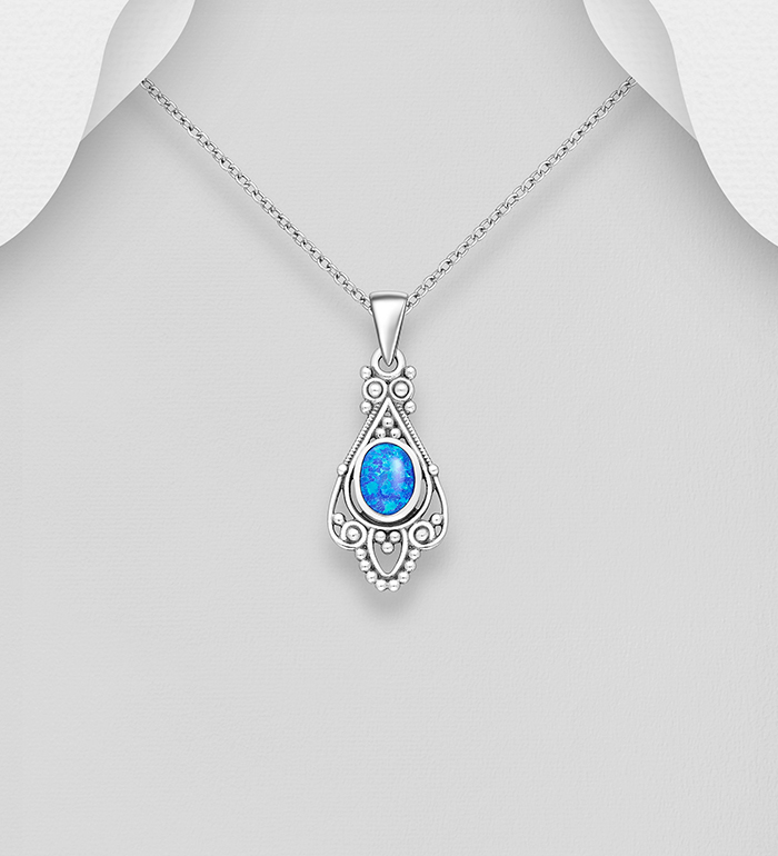Wholesale 925 Sterling Silver Oxidized Pendant, Decorated with Lab-Created Opal - SKU #1479-1632