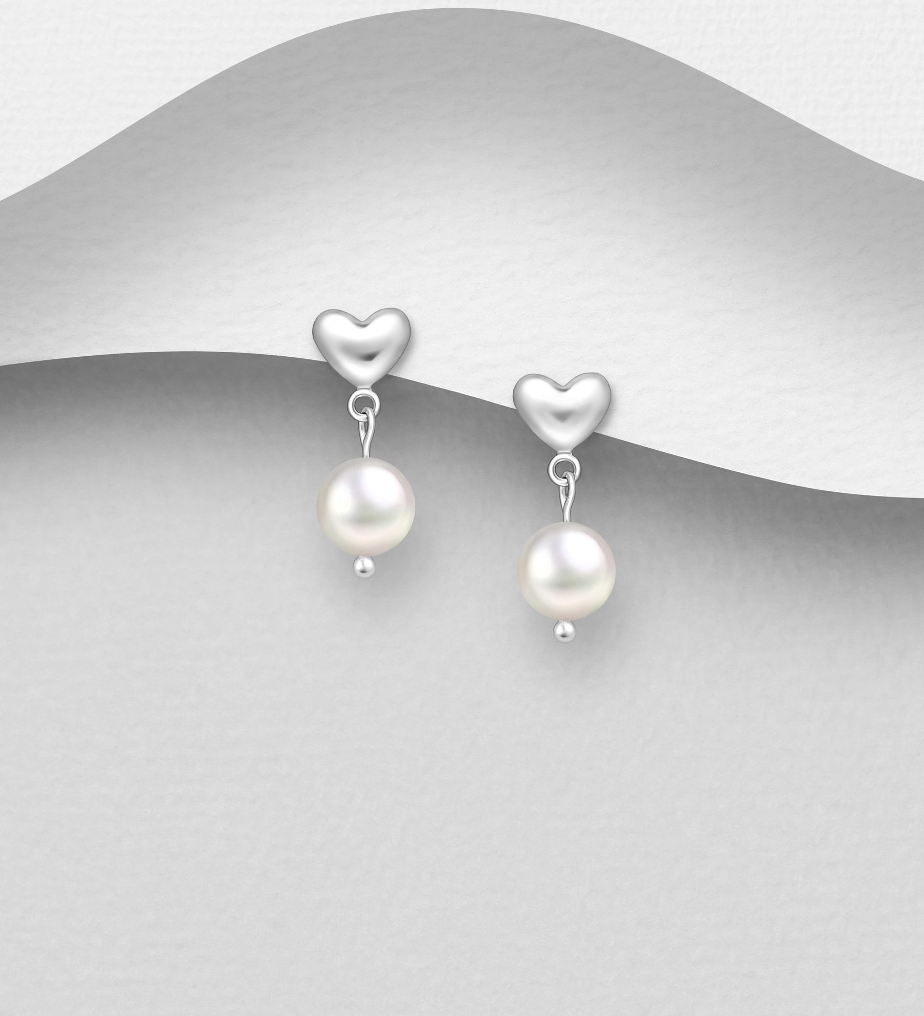 Wholesale 925 Sterling Silver Heart Push-Back Earrings, Beaded with Freshwater Pearls - SKU #382-6783
