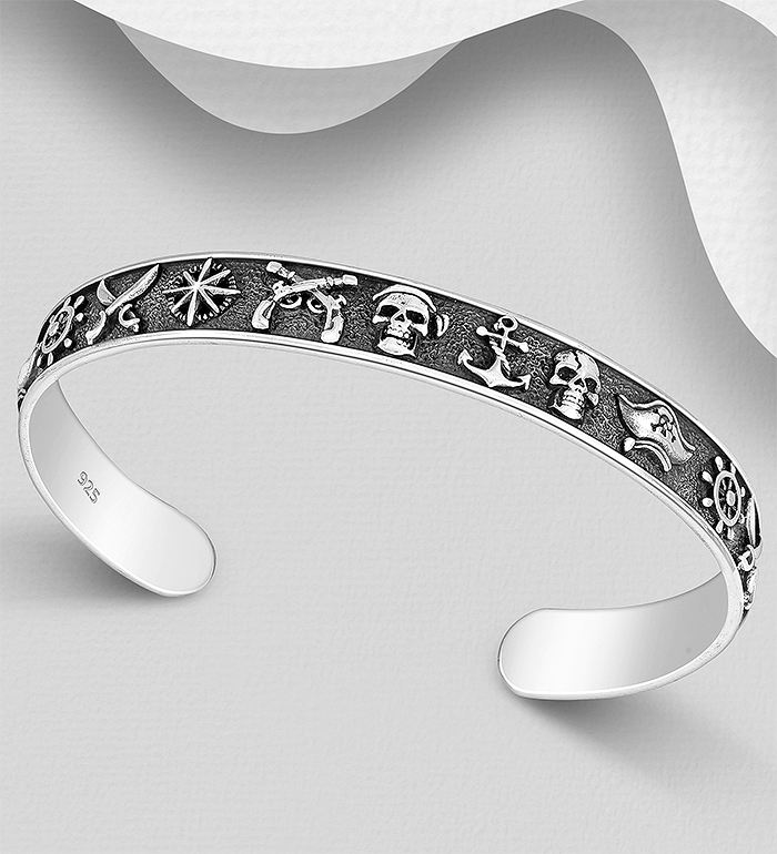 Wholesale 925 Sterling Silver Oxidized Ship Wheel, Sword, Compass, Gun, Skull and Anchor Cuff - SKU #768-664