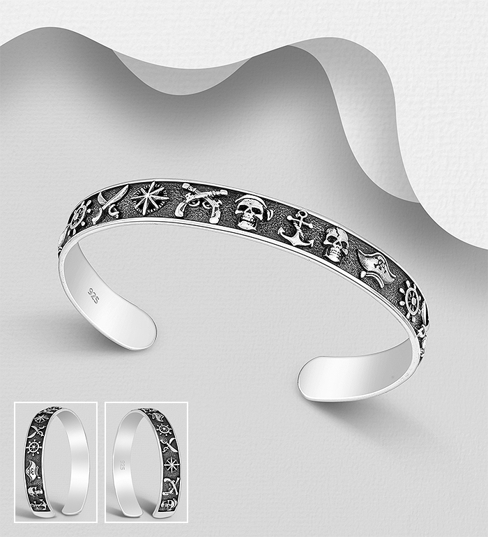 Wholesale 925 Sterling Silver Oxidized Ship Wheel, Sword, Compass, Gun, Skull and Anchor Cuff - SKU #768-664