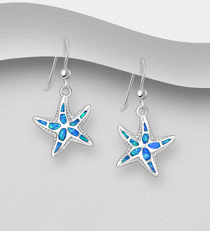Wholesale 925 Sterling Silver Starfish Hook Earrings, Decorated with Lab-Created Opal - SKU #1479-1637