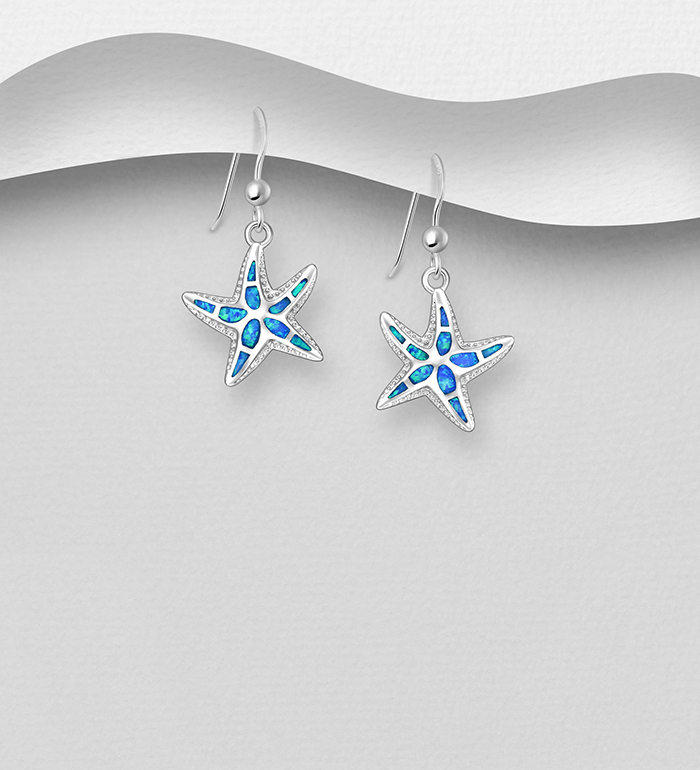 Wholesale 925 Sterling Silver Starfish Hook Earrings, Decorated with Lab-Created Opal - SKU #1479-1637