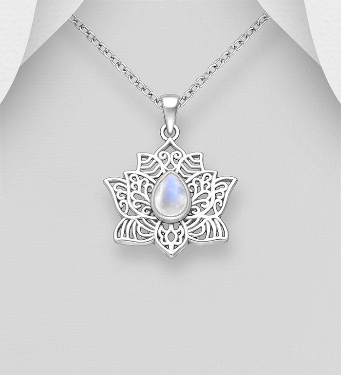 Wholesale 925 Sterling Silver Oxidized Lotus Pendant, Decorated with Various Gemstones - SKU #883-10146