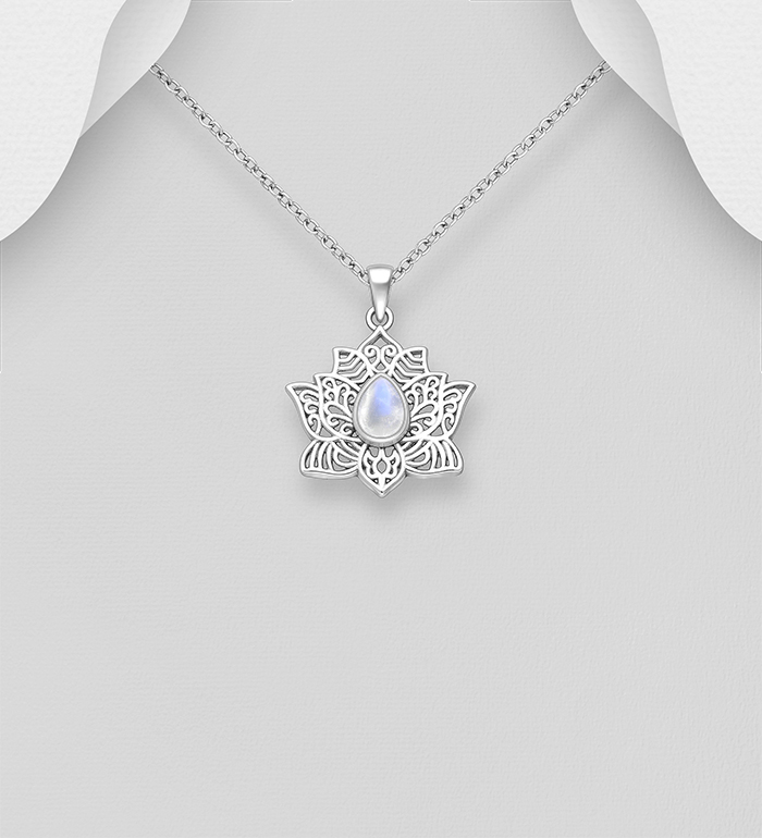 Wholesale 925 Sterling Silver Oxidized Lotus Pendant, Decorated with Various Gemstones - SKU #883-10146