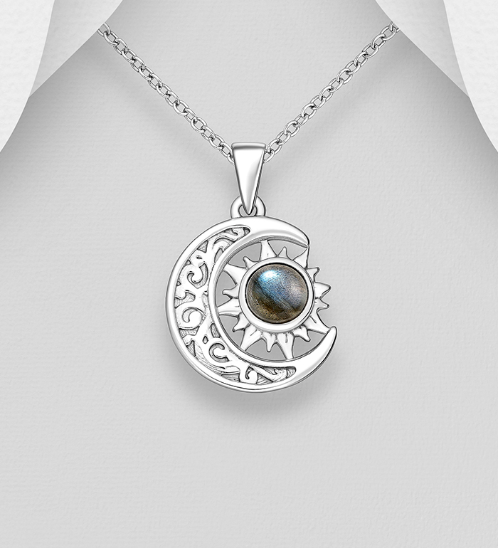 Wholesale 925 Sterling Silver Moon and Sun Pendant, Decorated with Gemstones - SKU #883-10147