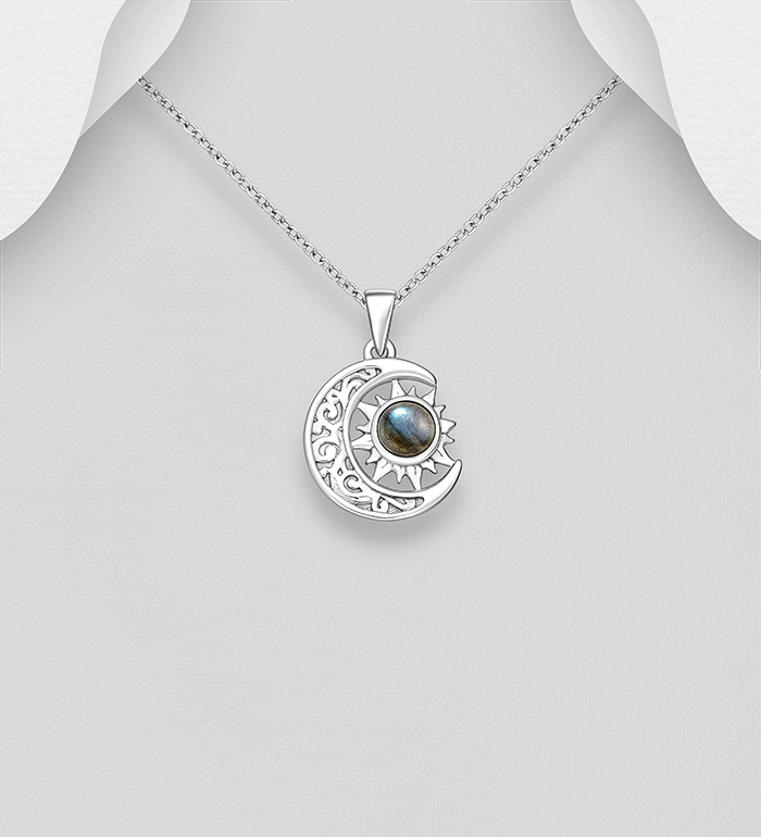 Wholesale 925 Sterling Silver Moon and Sun Pendant, Decorated with Gemstones - SKU #883-10147