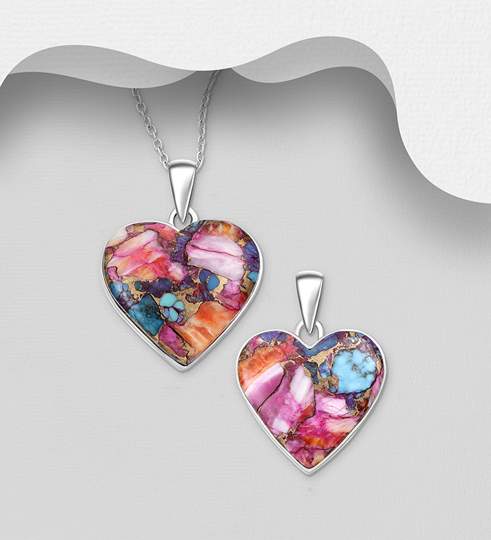 JEWELLED - Wholesale 925 Sterling Silver Heart Pendant, Decorated with Reconstructed Pink Copper Turquoise, Handmade. Design, Shape and Size Will Vary - SKU #1851-735