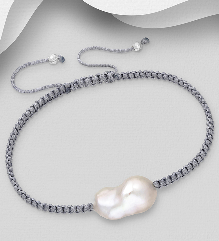 Wholesale 925 Sterling Silver Adjustable Thread Bracelet, Beaded with Freshwater Pearl, Shape and Size Will Vary. - SKU #382-6787