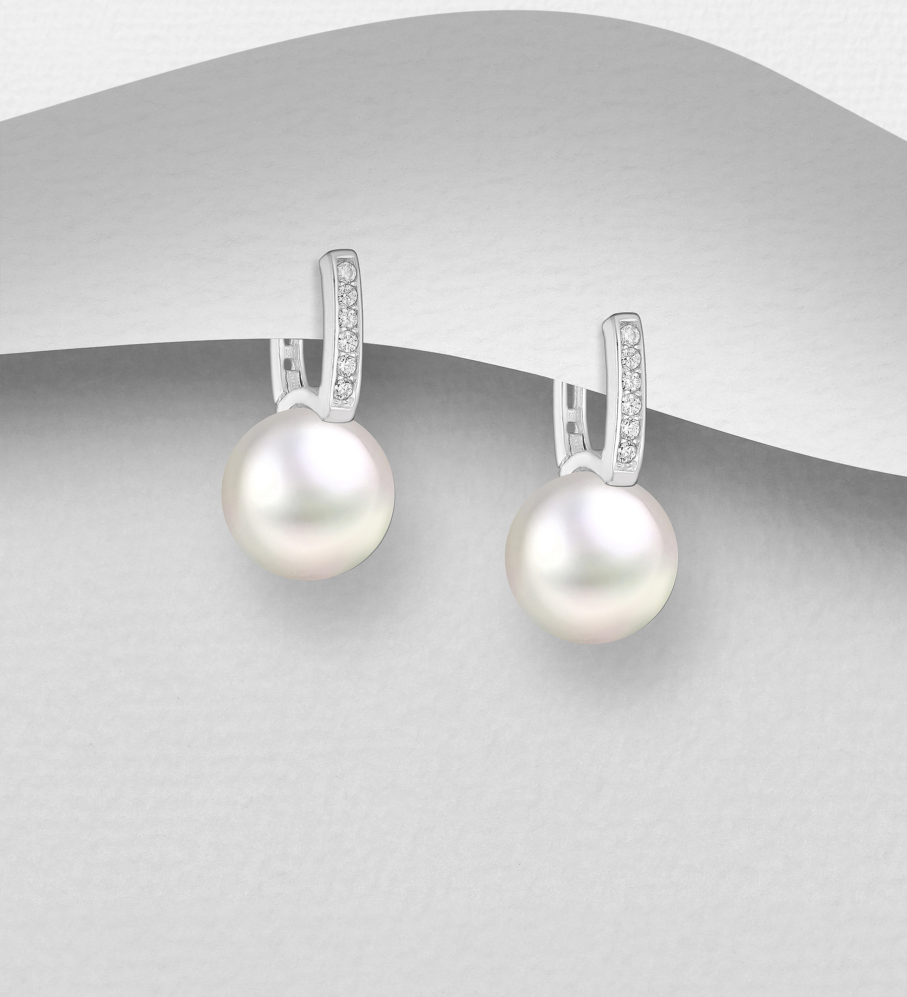 Wholesale 925 Sterling Silver Hoop Earrings, Decorated with Simulated Pearls and CZ Simulated Diamonds - SKU #578-2923