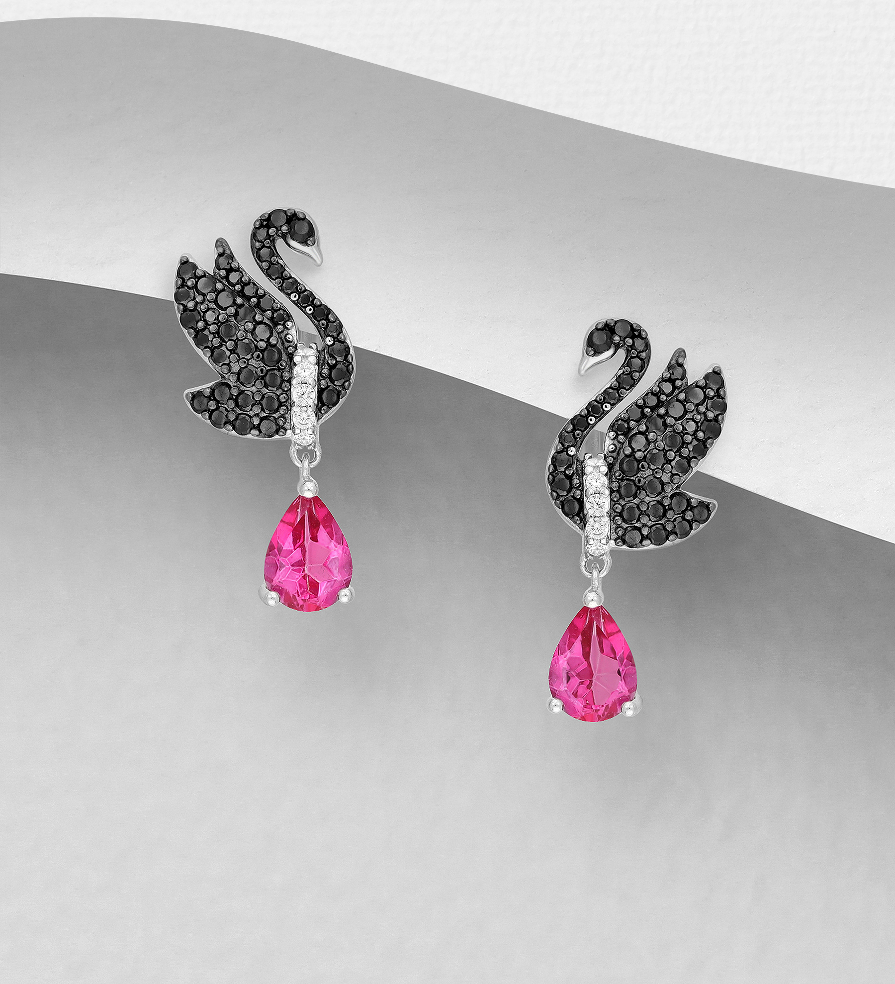 La Preciada - Wholesale 925 Sterling Silver Swan Omega Lock Earrings, Decorated with Mystic Pink Topaz, Black Spinel, CZ Simulated Diamonds and Plating Black Rhodium - SKU #1181-5298