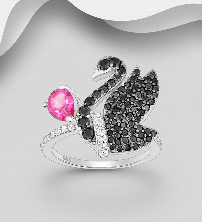 La Preciada - Wholesale 925 Sterling Silver Swan Ring, Decorated with Mystic Pink Topaz, Black Spinel, CZ Simulated Diamonds and Plating Black Rhodium - SKU #1181-5299