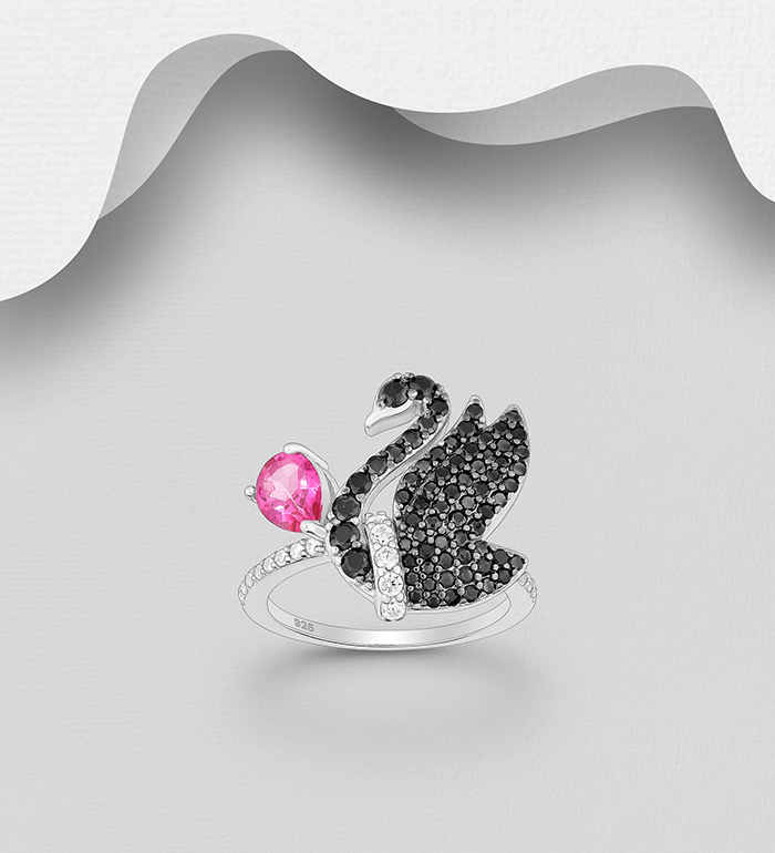 La Preciada - Wholesale 925 Sterling Silver Swan Ring, Decorated with Mystic Pink Topaz, Black Spinel, CZ Simulated Diamonds and Plating Black Rhodium - SKU #1181-5299