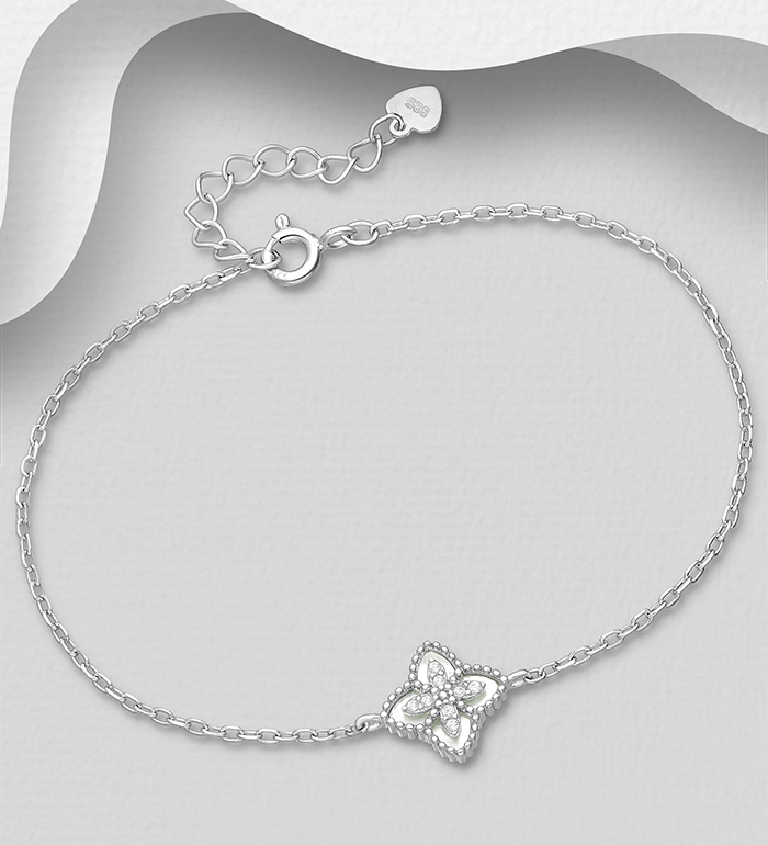 Wholesale 925 Sterling Silver Clover Bracelet, Decorated with Shell and CZ Simulated Diamonds  - SKU #789-4979