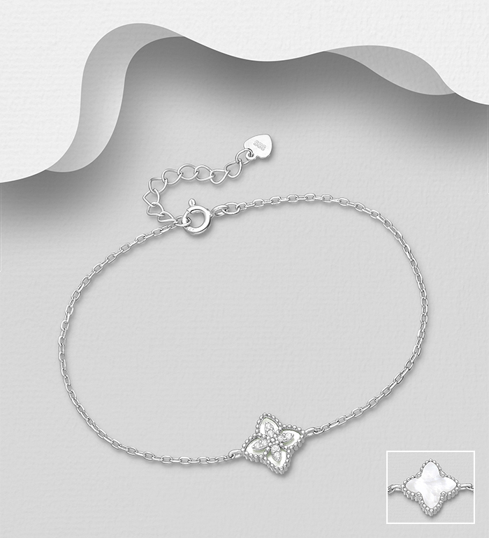 Wholesale 925 Sterling Silver Clover Bracelet, Decorated with Shell and CZ Simulated Diamonds  - SKU #789-4979