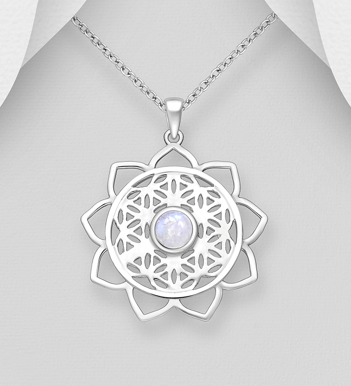 Wholesale 925 Sterling Silver Lotus Flower of Life Pendant, Decorated with Various Gemstones - SKU #883-10157