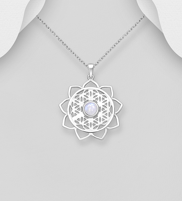 Wholesale 925 Sterling Silver Lotus Flower of Life Pendant, Decorated with Various Gemstones - SKU #883-10157