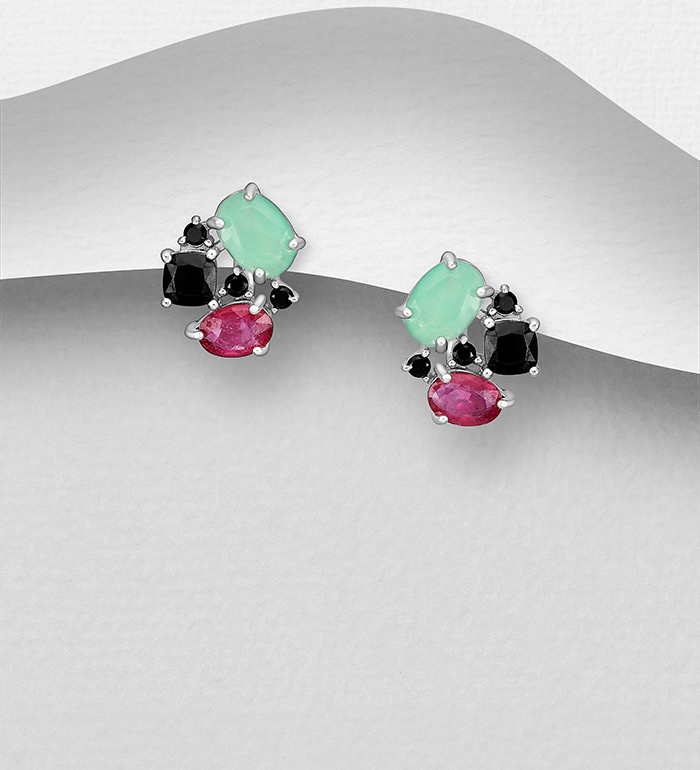 La Preciada - Wholesale 925 Sterling Silver Omega Lock Earrings, Decorated with Emerald, Ruby and Black Spinel - SKU #1181-5303