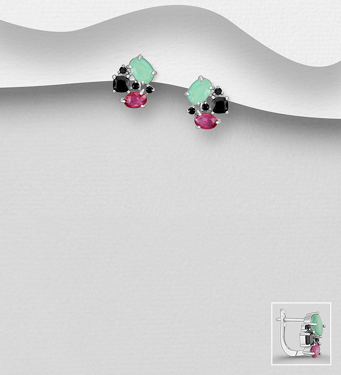 La Preciada - Wholesale 925 Sterling Silver Omega Lock Earrings, Decorated with Emerald, Ruby and Black Spinel - SKU #1181-5303