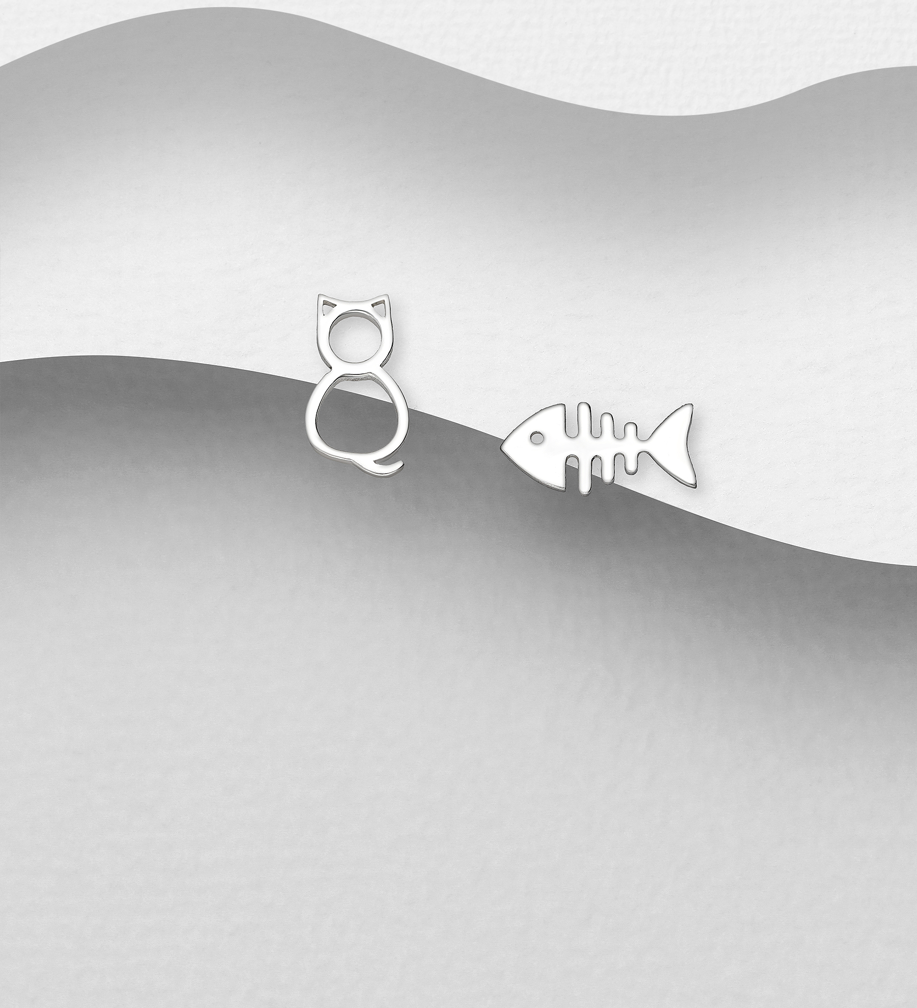 Wholesale 925 Sterling Silver Cat and Fish Bone Push-Back Earrings - SKU #706-39984
