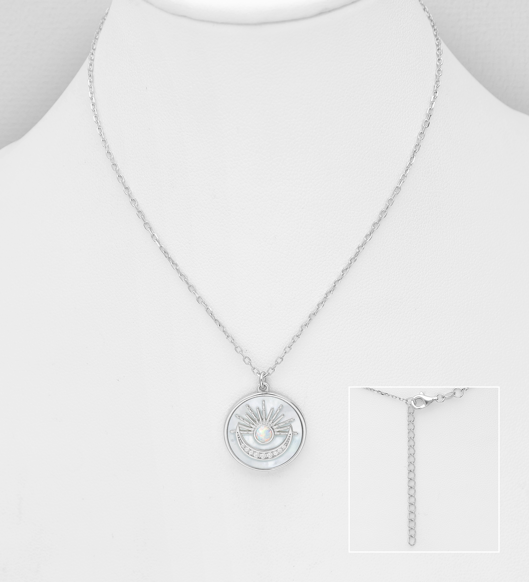 Wholesale 925 Sterling Silver Moon and Sun Necklace, Decorated with Shell, Lab-Created Opal and CZ Simulated Diamonds  - SKU #789-4989