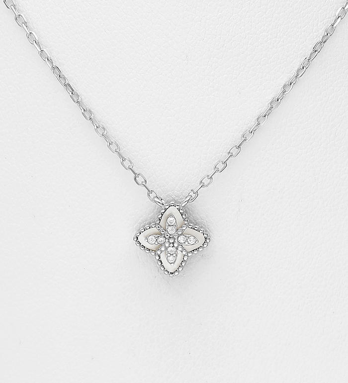 Wholesale 925 Sterling Silver Clover Necklace, Decorated with Shell and CZ Simulated Diamonds  - SKU #789-4990