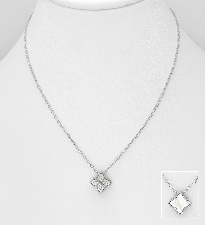Wholesale 925 Sterling Silver Clover Necklace, Decorated with Shell and CZ Simulated Diamonds  - SKU #789-4990