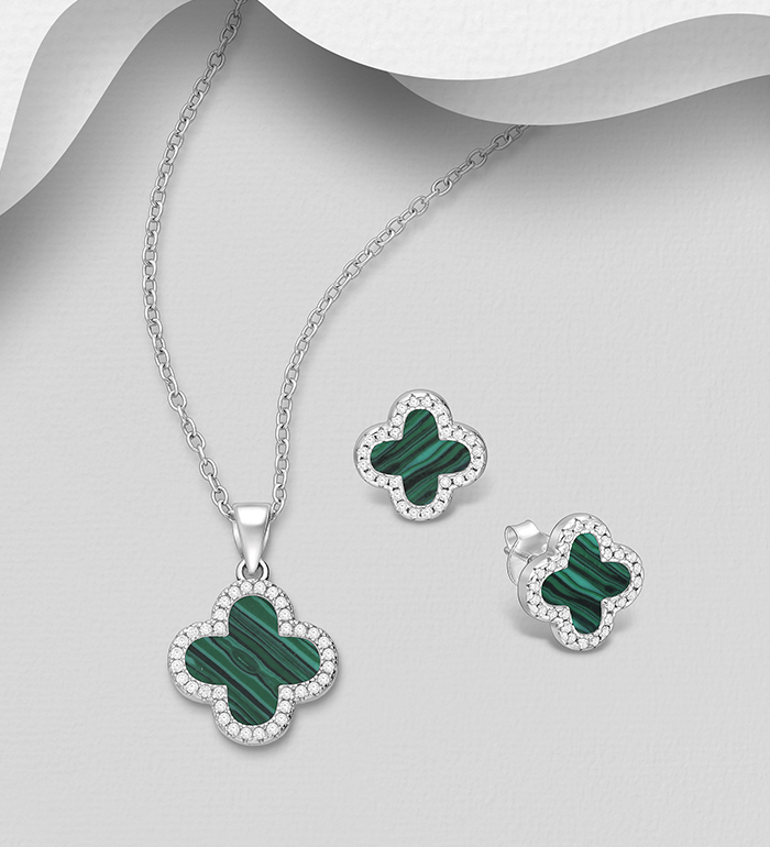Wholesale 925 Sterling Silver Clover Push-Back Earrings and Pendant Jewelry Set, Decorated with Resin and CZ Simulated Diamonds  - SKU #2140-783