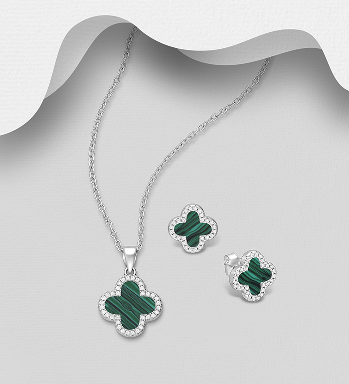 Wholesale 925 Sterling Silver Clover Push-Back Earrings and Pendant Jewelry Set, Decorated with Resin and CZ Simulated Diamonds  - SKU #2140-783