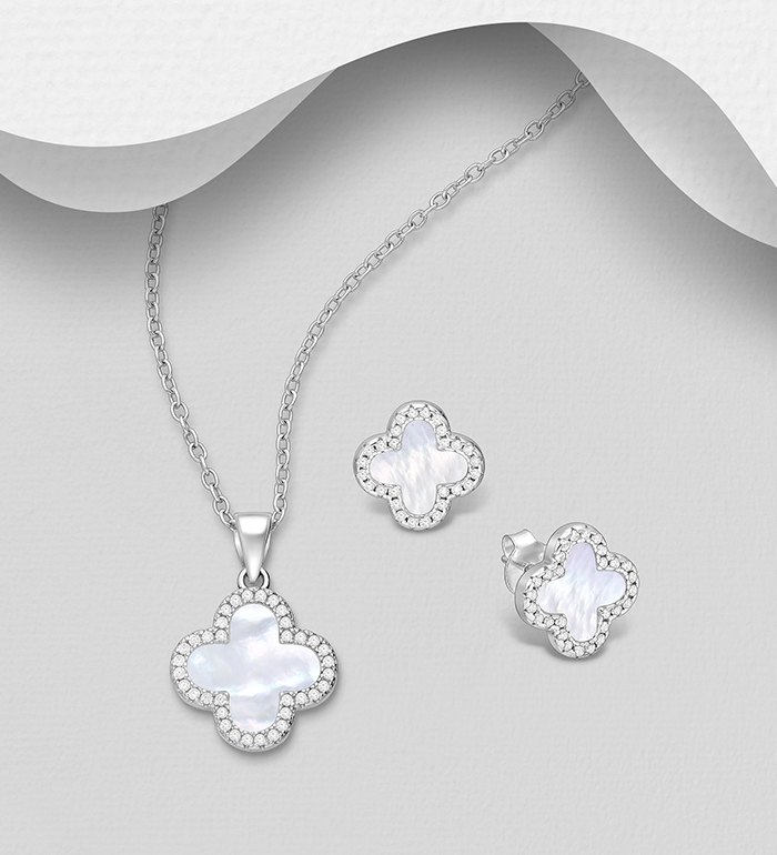 Wholesale 925 Sterling Silver Clover Push-Back Earrings and Pendant Jewelry Set, Decorated with Shell and CZ Simulated Diamonds - SKU #789-4996