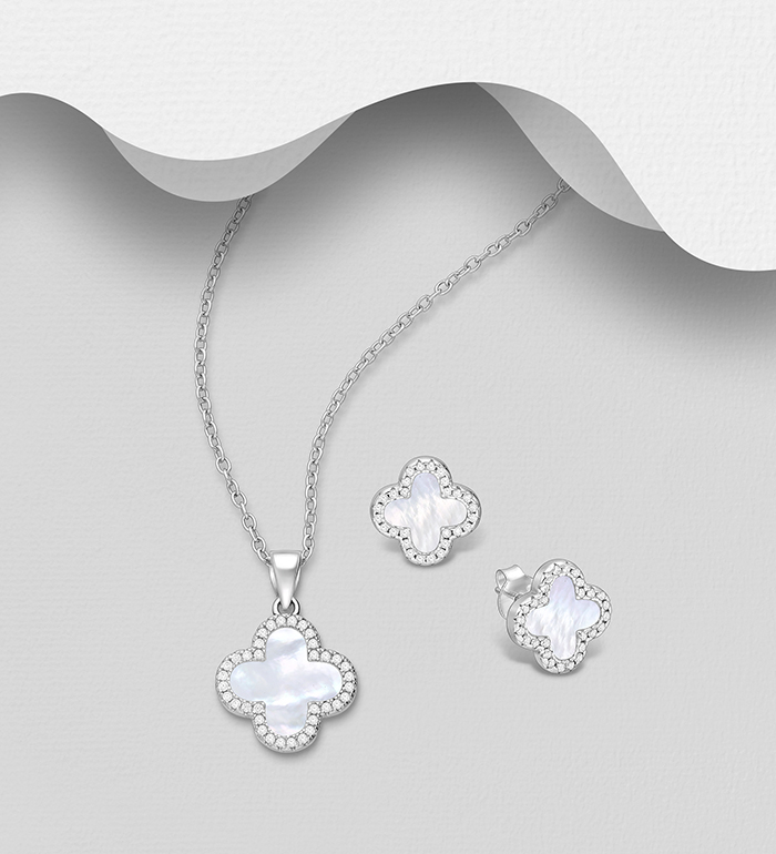 Wholesale 925 Sterling Silver Clover Push-Back Earrings and Pendant Jewelry Set, Decorated with Shell and CZ Simulated Diamonds - SKU #789-4996