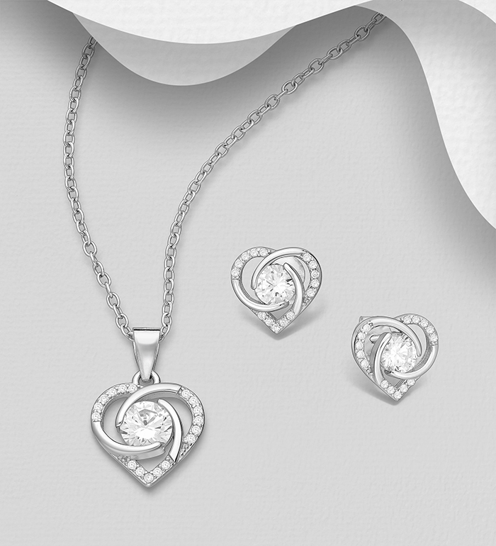 Wholesale 925 Sterling Silver Celtic Heart Push-Back Earrings and Pendant Jewelry Set, Decorated with CZ Simulated Diamonds - SKU #701-33808