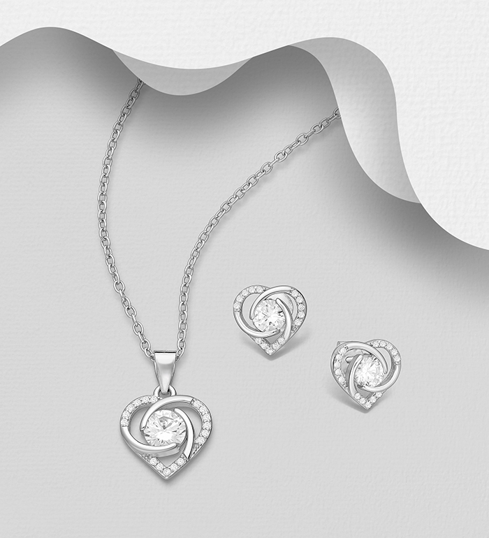 Wholesale 925 Sterling Silver Celtic Heart Push-Back Earrings and Pendant Jewelry Set, Decorated with CZ Simulated Diamonds - SKU #701-33808