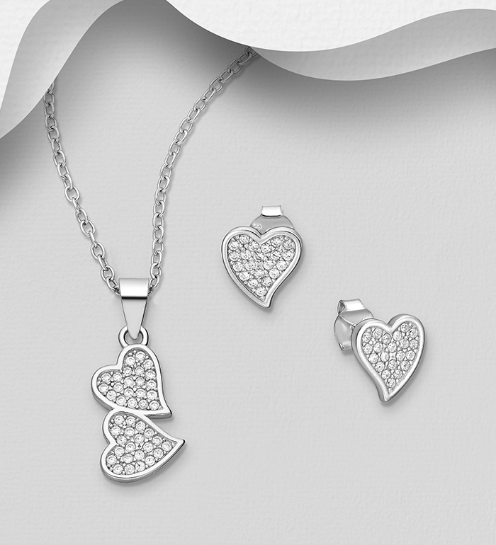 Wholesale 925 Sterling Silver Heart Push-Back Earrings and Pendant Jewelry Set, Decorated with CZ Simulated Diamonds - SKU #701-33810